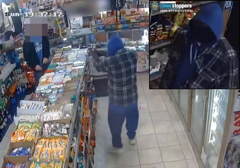 Police are searching for a robber who shot at a clerk and customer at a Staten Island bodega on Sunday evening
