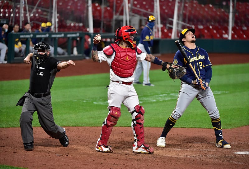 Sep 24, 2020; St. Louis, Missouri, USA; Milwaukee Brewers center fielder Avisail Garcia (24) reacts after being called out on strikes by umpire Dan Merzel during the ninth inning against the St. Louis Cardinals at Busch Stadium. Mandatory Credit: Jeff Curry-USA TODAY Sports