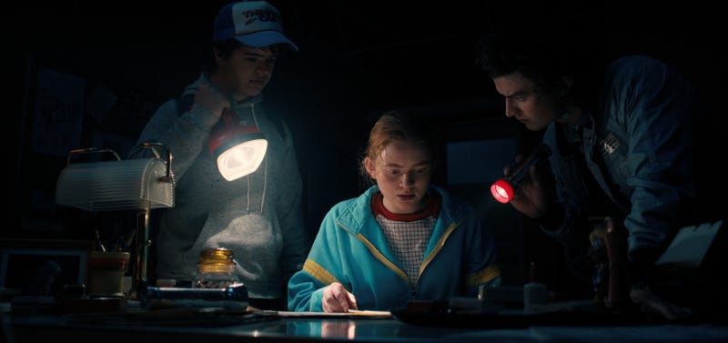 (L to R) Gaten Matarazzo as Dustin Henderon, Sadie Sink as Max Mayfield and Joe Keery as Steve Harrington in STRANGER THINGS.