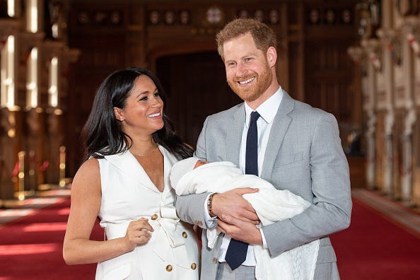 Prince Harry, Duke of Sussex and Meghan, Duchess of Sussex, pose with their newborn son Archie Harrison Mountbatten-Windsor. (Photo by Dominic Lipinski - WPA Pool/Getty Images)