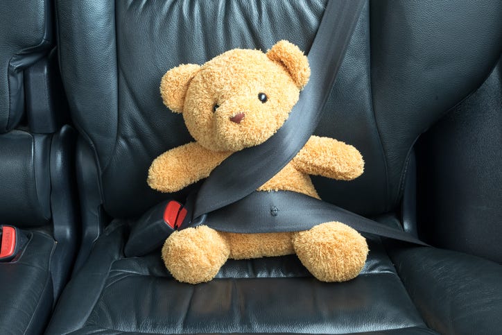 Teddy bear buckled into car
