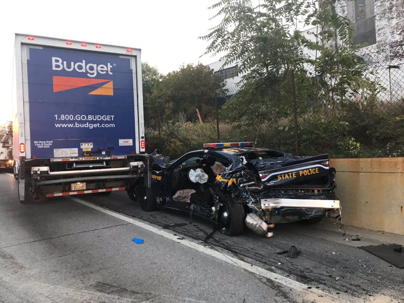 NYS Police car driven by Trooper Randi L. Murphy-Motley on September 26, 2020. Murphy-Motley suffered serious injuries and has since been released from ECMC