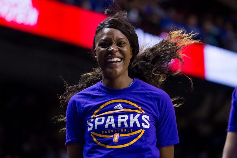 Sep 26, 2017; Minneapolis, MN, USA; Los Angeles Sparks forward Tiffany Jackson-Jones (33) celebrates in the fourth quarter against the Minnesota Lynx in Game 2 of the WNBA Finals at Williams Arena