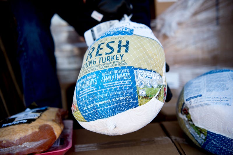 A frozen turkey in packaging, beside other frozen meats