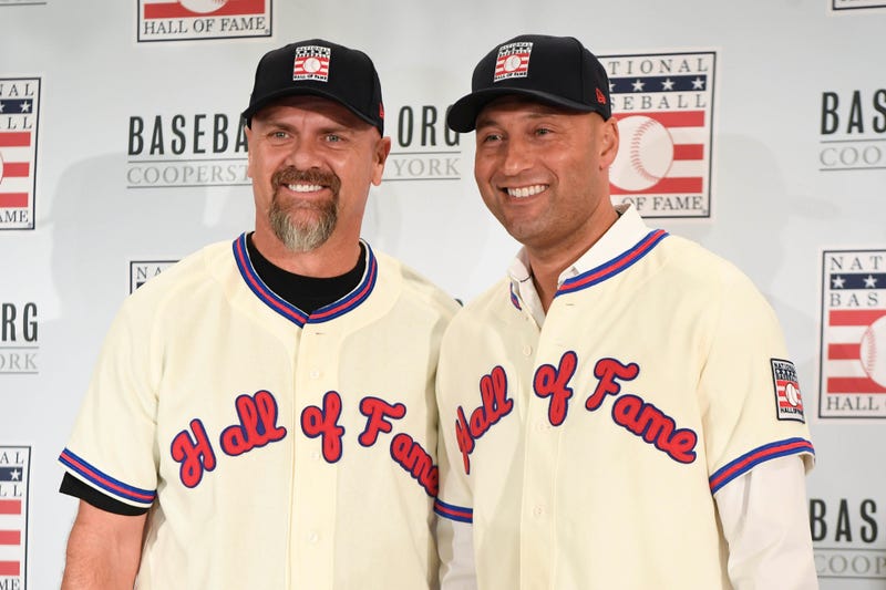New York, New York, USA; New Hall of Fame 2020 inductees Larry Walker, left, and Derek Jeter pose for photos at St. Regis Hotel.