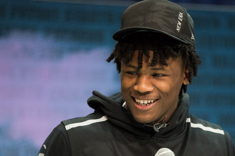 Clemson's Tee Higgins greets reporters at the NFL Combine in Indianapolis