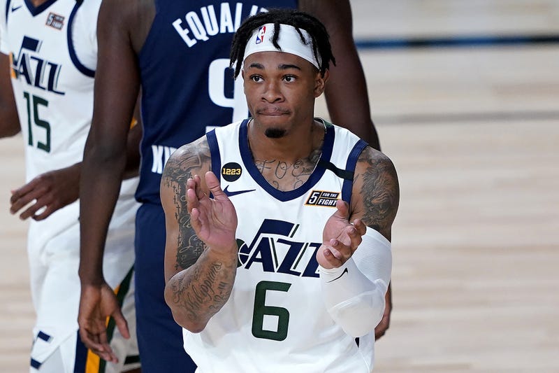 Utah Jazz's Rayjon Tucker (6) likes the call during the second half of the NBA basketball game at AdventHealth Arena.
