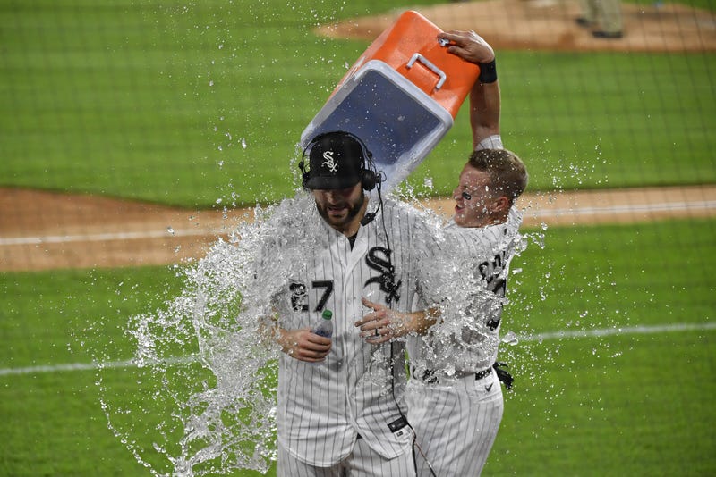 Chicago White Sox starting pitcher Lucas Giolito (27) doused with water after his no hitter against the Pittsburgh Pirates at Guaranteed Rate Field.