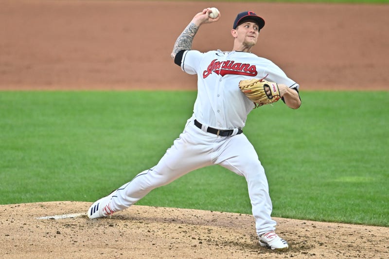 Sep 7, 2020; Cleveland, Ohio, USA; Cleveland Indians starting pitcher Zach Plesac (34) throws a pitch during the third inning against the Kansas City Royals at Progressive Field. Mandatory Credit: Ken Blaze-USA TODAY Sports