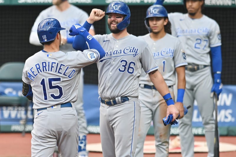 Kansas City Royals right fielder Whit Merrifield (15) celebrates with catcher Cam Gallagher (36) after hitting a three-run home run during the third inning against the Cleveland Indians at Progressive Field.