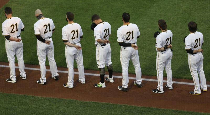 The Pittsburgh Pirates stand for the national anthem before playing the Chicago White Sox at PNC Park.