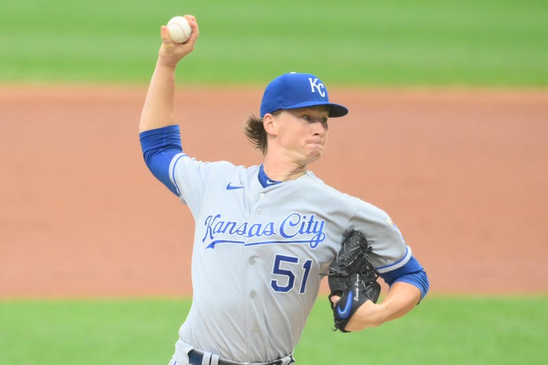 Sep 10, 2020; Cleveland, Ohio, USA; Kansas City Royals starting pitcher Brady Singer (51) delivers in the first inning against the Cleveland Indians at Progressive Field.