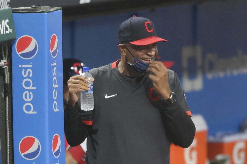 Cleveland Indians acting manager Sandy Alomar Jr. reacts in the eighth inning against the Kansas City Royals at Progressive Field.