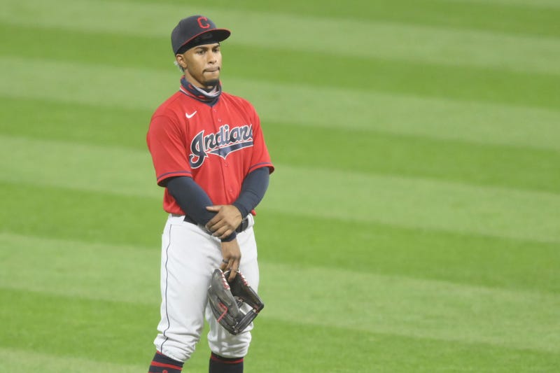 Cleveland Indians shortstop Francisco Lindor (12) reacts in the seventh inning against the Kansas City Royals at Progressive Field.
