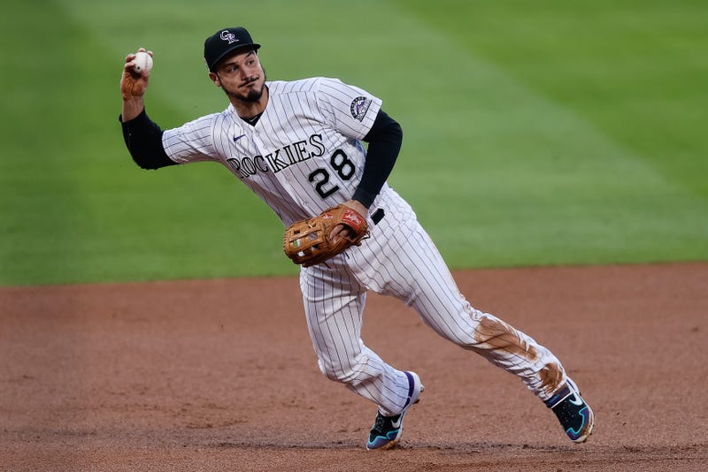 Nolan Arenado throwing the ball to first