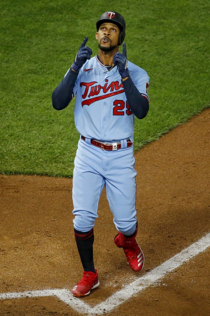 Minnesota Twins center fielder Byron Buxton (25) celebrates his two run home run against the Cleveland Indians in the fourth inning at Target Field.