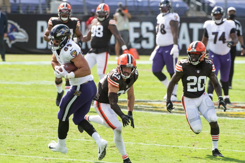 Sep 13, 2020; Baltimore, Maryland, USA; Baltimore Ravens tight end Mark Andrews (89) catches in front of Cleveland Browns safety Andrew Sendejo (23) during the first half at M&T Bank Stadium.