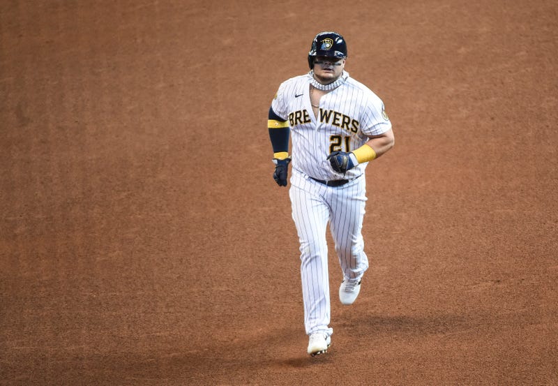 Milwaukee Brewers first baseman Daniel Vogelbach (21) runs the bases after hitting a three-run home run in the sixth inning against the Kansas City Royals at Miller Park. Mandatory Credit: Benny Sieu-USA TODAY Sports