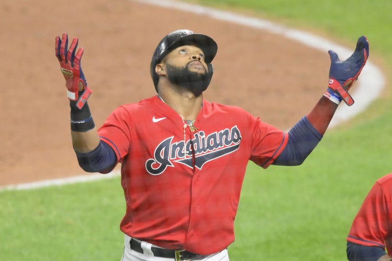 Cleveland Indians first baseman Carlos Santana (41) celebrates his two-run home run in the fifth inning against the Chicago White Sox at Progressive Field.
