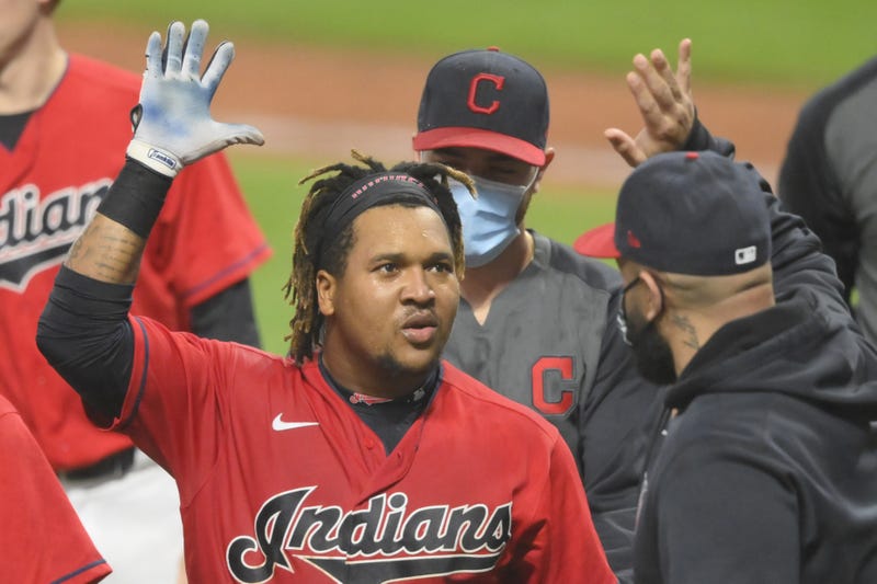 Cleveland Indians third baseman Jose Ramirez celebrates his game-winning, three-run home run in the tenth inning against the Chicago White Sox at Progressive Field