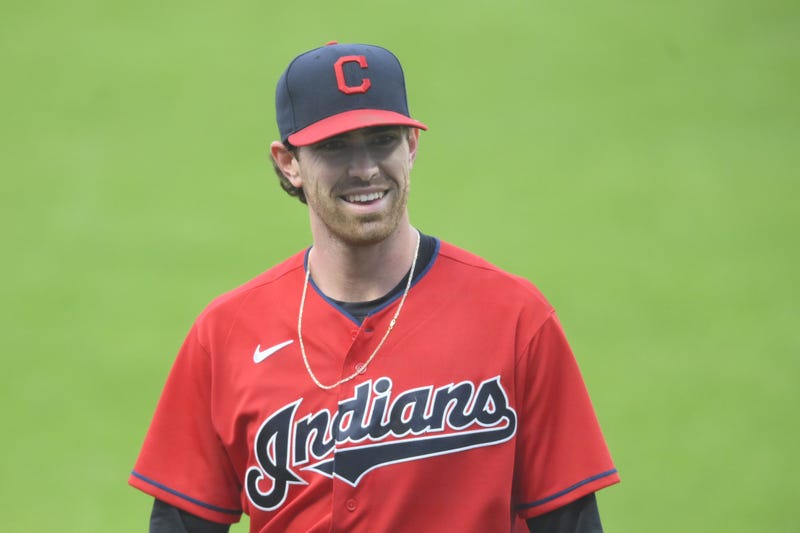 Cleveland Indians starting pitcher Shane Bieber (57) walks off the field in the first inning against the Chicago White Sox at Progressive Field.