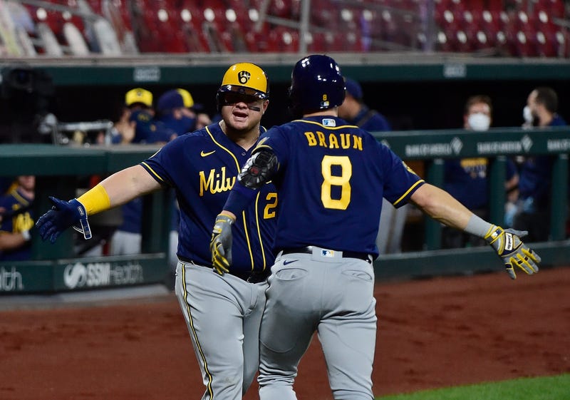 Ryan Braun and Dan Vogelbach celebrate a Braun homer.