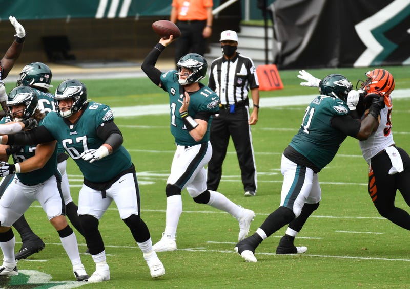 Philadelphia Eagles quarterback Carson Wentz (11) throws an interception
