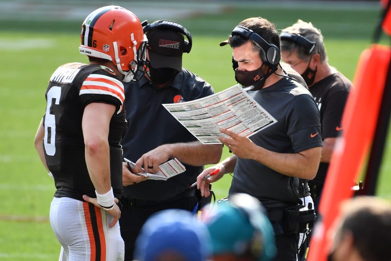 Cleveland Browns head coach Kevin Stefanski looks at his play chart a during the second quarter against the Pittsburgh Steelers at Heinz Field.