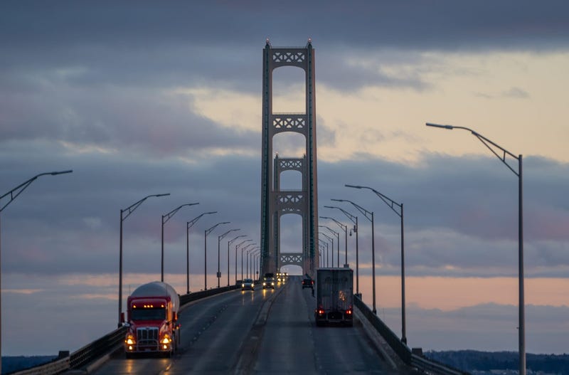 Traffic moving along the Mackinac Bridge is seen from the St. Ignace on Wednesday, March 4, 2020.
