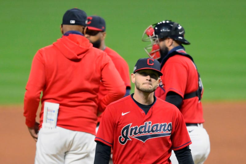 Sep 29, 2020; Cleveland, Ohio, USA; Cleveland Indians relief pitcher Cameron Hill (27) walks off the mound during a pitching change in the ninth inning against the New York Yankees at Progressive Field.
