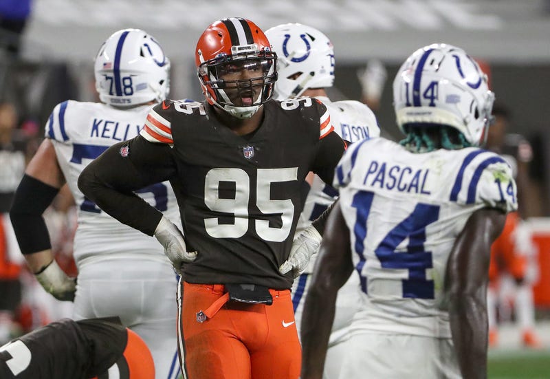 Cleveland Browns defensive end Myles Garrett (95) rests between plays during the fourth quarter of the NFL week 5 game at First Energy Stadium in Cleveland, Ohio, on Sunday, Oct. 11, 2020. The Browns won, 32-23. Indianapolis Colts At Browns At First Energy Stadium In Nfl Week 5 Cleveand Ohio
