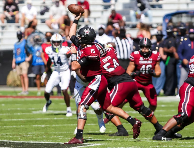 South Carolina Gamecocks quarterback Collin Hill (15) passes against the Auburn Tigers during the second quarter at Williams-Brice Stadium.