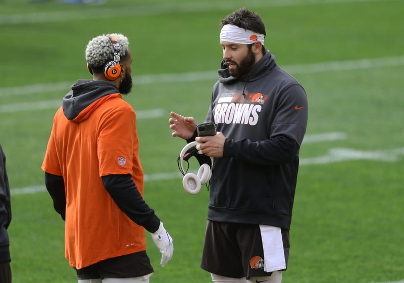 Cleveland Browns wide receiver Odell Beckham Jr. (left) and quarterback Baker Mayfield (right) talk on the field before playing the Pittsburgh Steelers at Heinz Field.
