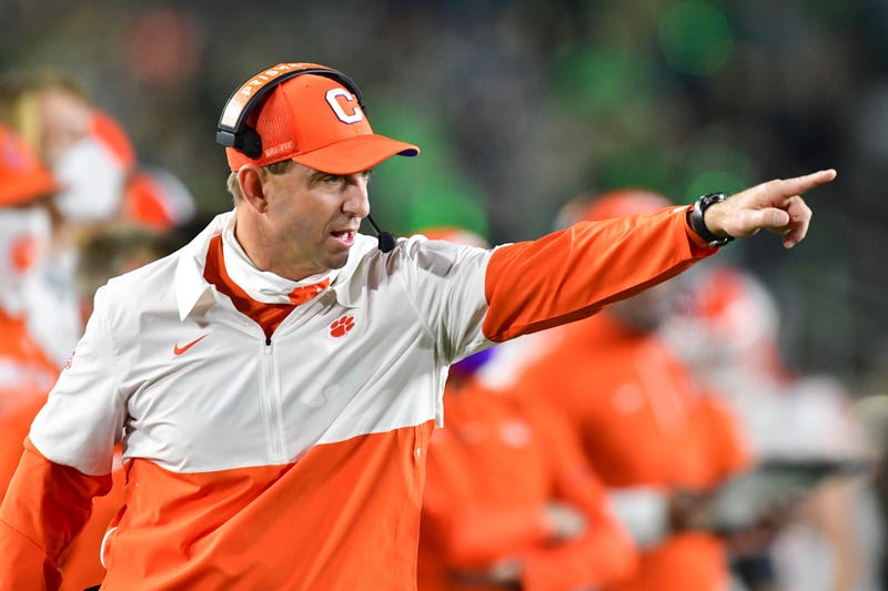Nov 7, 2020; South Bend, Indiana, USA; Clemson Tigers head coach Dabo Swinney signals to his players in the second quarter against the Notre Dame Fighting Irish at Notre Dame Stadium.