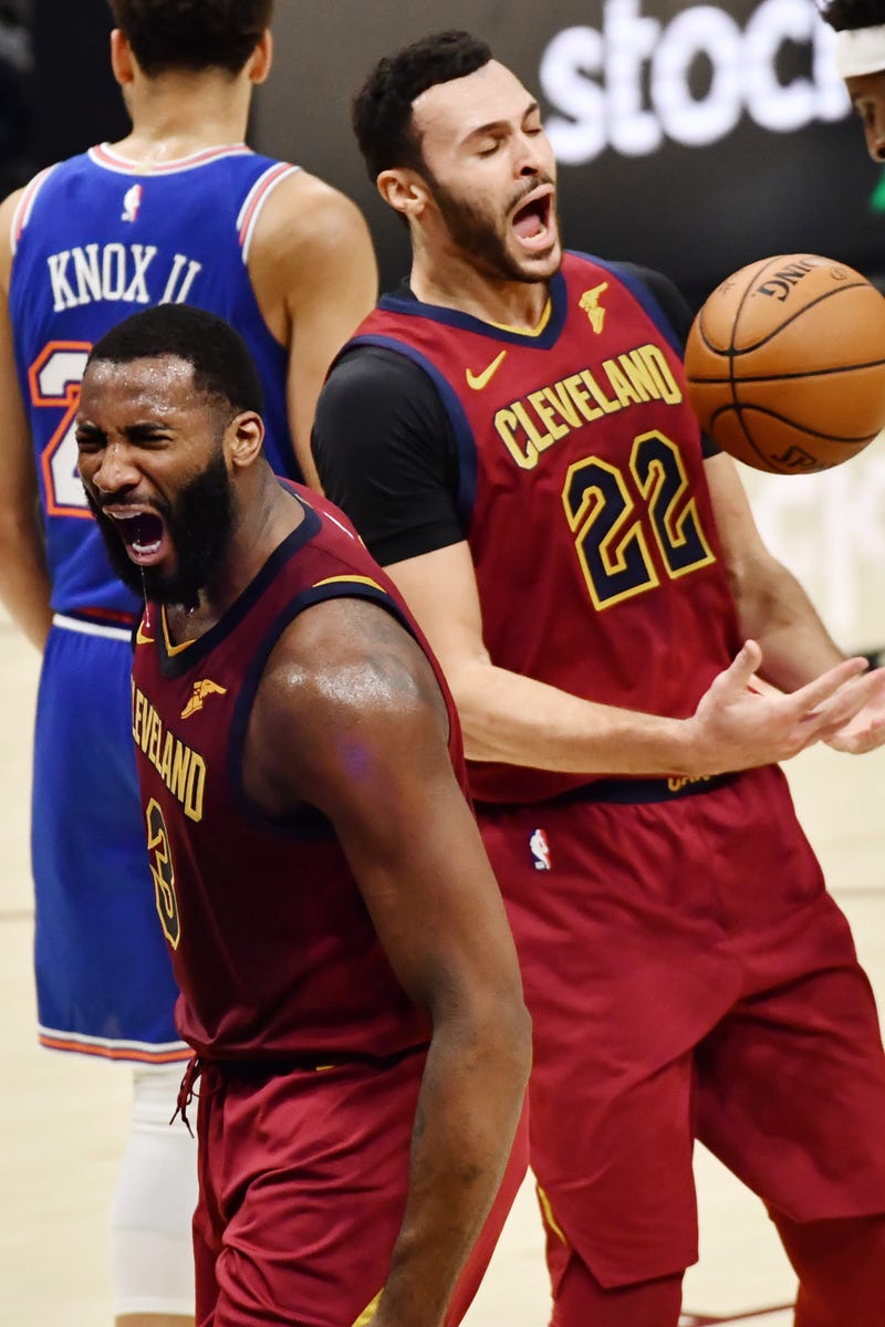 Cleveland Cavaliers center Andre Drummond (3) and forward Larry Nance Jr. (22) react after a play against the New York Knicks during the second quarter at Rocket Mortgage FieldHouse.