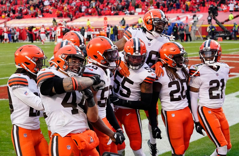 Cleveland Browns strong safety Karl Joseph (42) celebrates his interception against the Kansas City Chiefs during the second half in the AFC Divisional Round playoff game at Arrowhead Stadium.