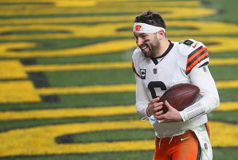 Browns quarterback Baker Mayfield (6) rushes back to the locker room after beating the Pittsburgh Steelers in an NFL wild-card playoff football game, Sunday, Jan. 10, 2021, in Pittsburgh, Pennsylvania.