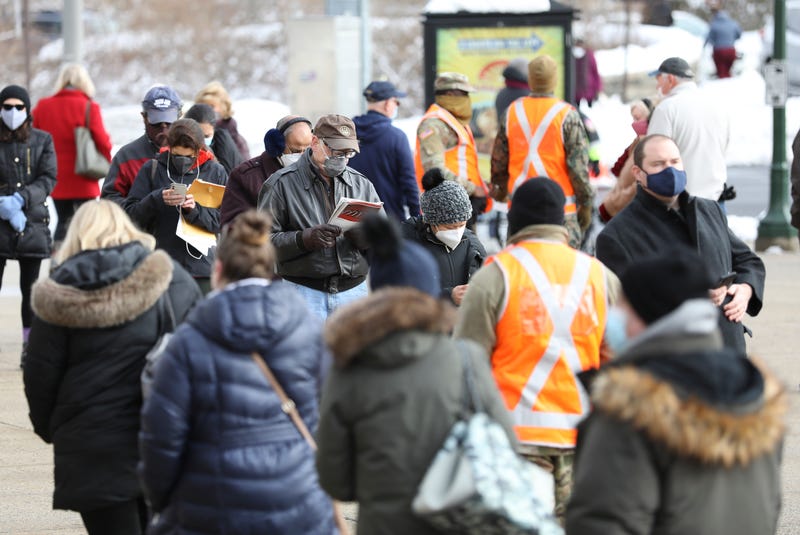 File photo: People with appointments for the COVID-19 vaccine wait on line at the Westchester County Center in White Plains on Wednesday, February 3, 2021