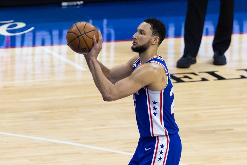 Sixers guard Ben Simmons attempts a free throw.