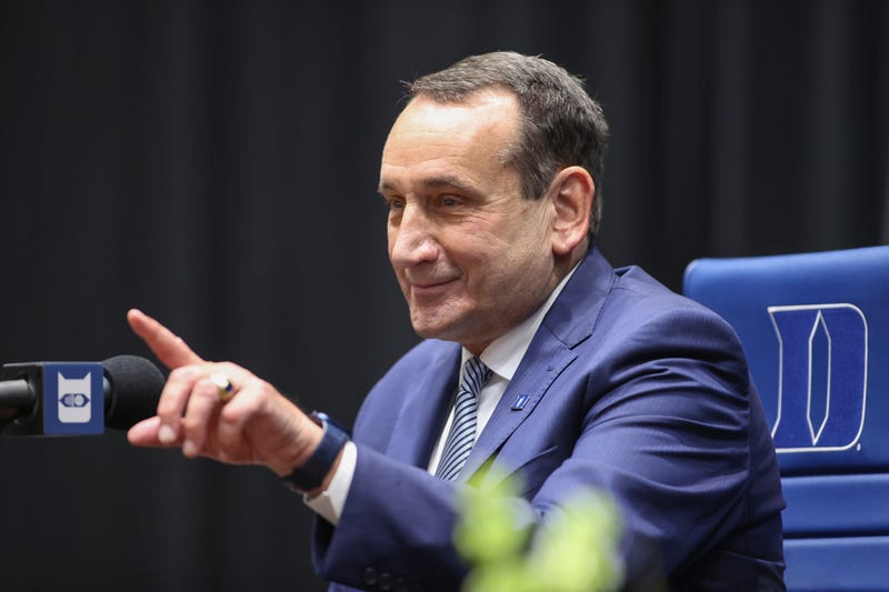 Duke head coach Mike Krzyzewski speaking to reporters.