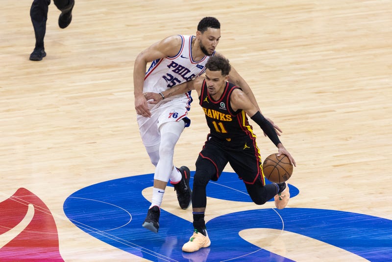 Ben Simmons guards Atlanta's Trae Young in Game 7 of the Eastern Conference Semifinals