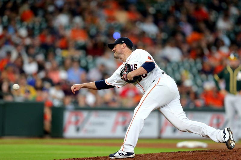 Houston Astros relief pitcher Joe Smith (38) throws a pitch against the Oakland Athletics during the ninth inning at Minute Maid Park.