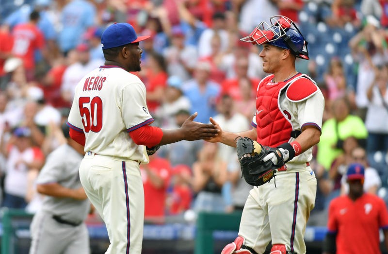 Philadelphia Phillies relief pitcher Hector Neris and Philadelphia Phillies catcher J.T. Realmuto