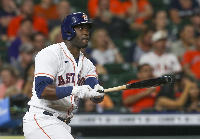 Houston Astros designated hitter Yordan Alvarez (44) hits a double against the Cleveland Indians in the seventh inning at Minute Maid Park.