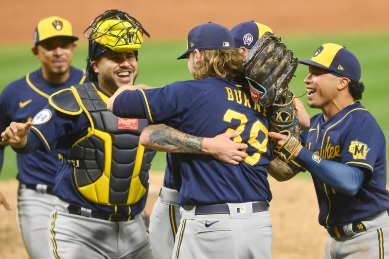 Sep 11, 2021; Cleveland, Ohio, USA; The Milwaukee Brewers celebrate after throwing a combined no-hitter in a win against the Cleveland Indians at Progressive Field.