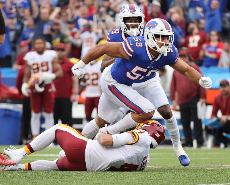 Bills Matt Milano celebrates his fourth down stop to turn the ball over on downs against Washington.