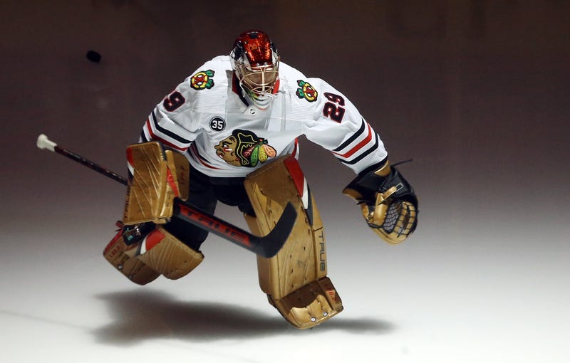 Marc-Andre Fleury skating out with Chicago