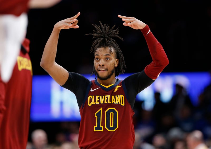 Jan 15, 2022; Oklahoma City, Oklahoma, USA; Cleveland Cavaliers guard Darius Garland (10) celebrates after his team scored a three-point basket against the Oklahoma City Thunder during the second half at Paycom Center.
