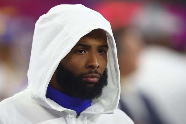Los Angeles Rams wide receiver Odell Beckham Jr. on the sideline in the fourth quarter of Super Bowl LVI against the Cincinnati Bengals