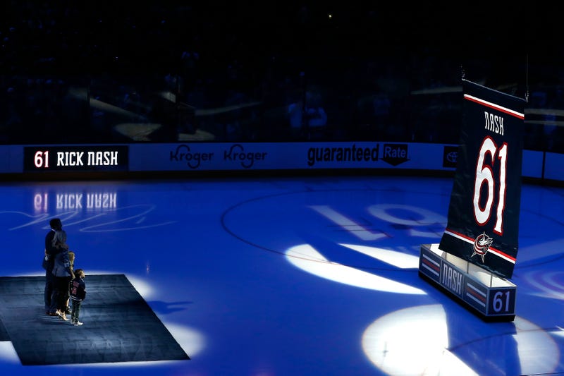 Rick Nash and family watch as his jersey is raised during the jersey retirement ceremony before the game at Nationwide Arena.